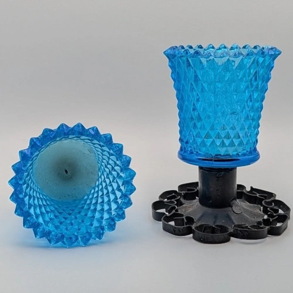 Homco Blue Diamond Point Votive Candle Holders Set of 2 + A Cast Iron Base
